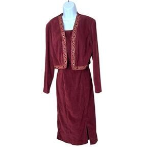Vintage Dress Barn Burgundy Embroidered Trim Jacket 2 Piece 90s Midi Dress Set 8